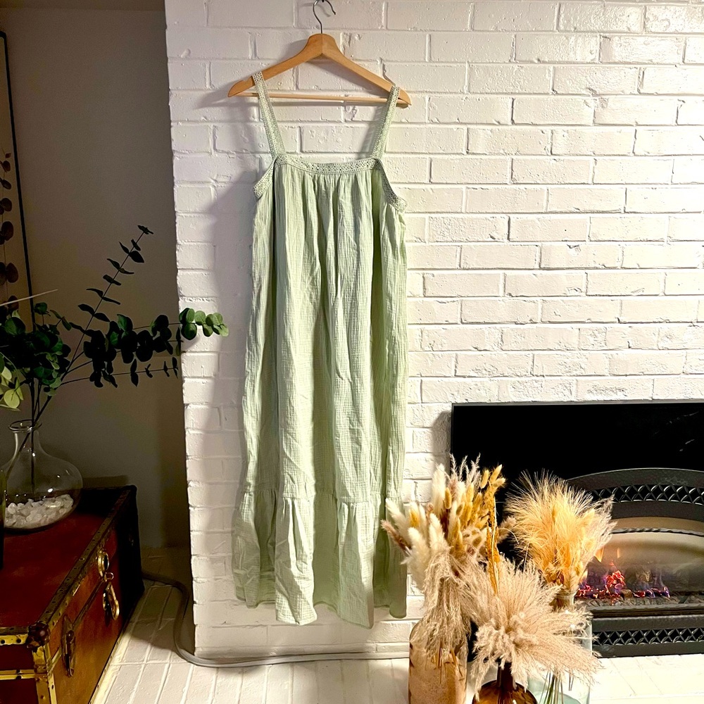 NWT MAGASCHONI GAUZY ORGANIC COTTON TIERED MAXI DRESS LIGHT MINT GREEN L